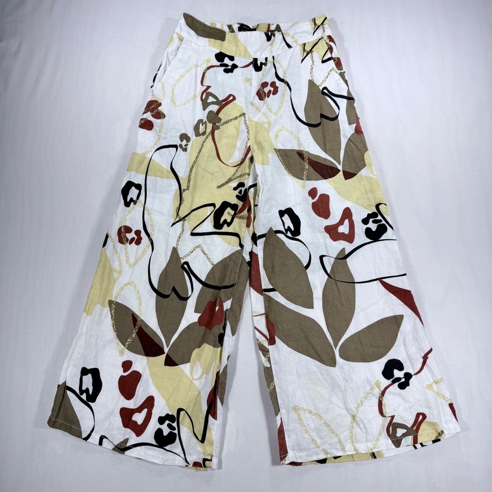 Tahari Womens XS 100% Linen Cropped Wide Leg Pants Abstract Print Elastic Waist